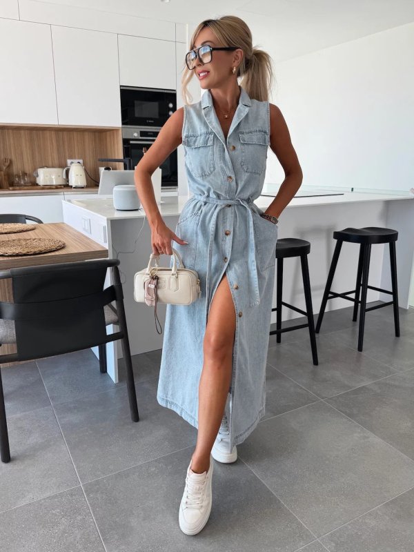 Women's Belted Collared Sleeveless Denim Maxi Dress – A-Line Cami Jean Dress