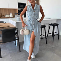 Women's Belted Collared Sleeveless Denim Maxi Dress – A - Line Cami Jean Dress - Premium for sale