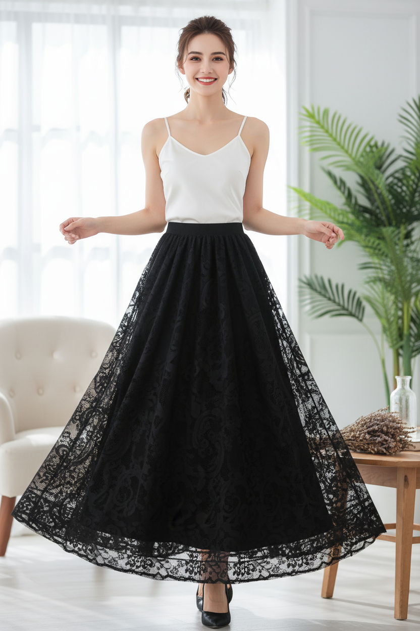 Women's Black Lace Maxi Skirt Lifestyle