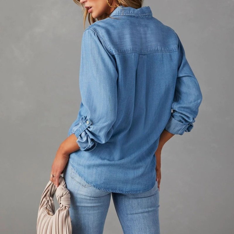 Women's Classic Denim Shirt – Long Sleeve Collared Button - Up Jean Shirt - Premium for sale