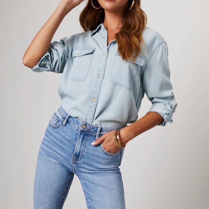 Women's Classic Denim Shirt – Long Sleeve Collared Button - Up Jean Shirt - Premium for sale