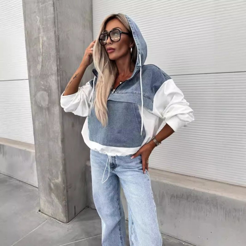 Women's Denim Patchwork Hooded Sweatshirt – Loose Casual Color Block Hoodie - Premium for sale