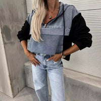 Women's Denim Patchwork Hooded Sweatshirt – Loose Casual Color Block Hoodie - Premium for sale