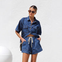 Women's Denim Shirt & High Rise Shorts Two - Piece Set – Casual Summer Outfit - Premium for sale