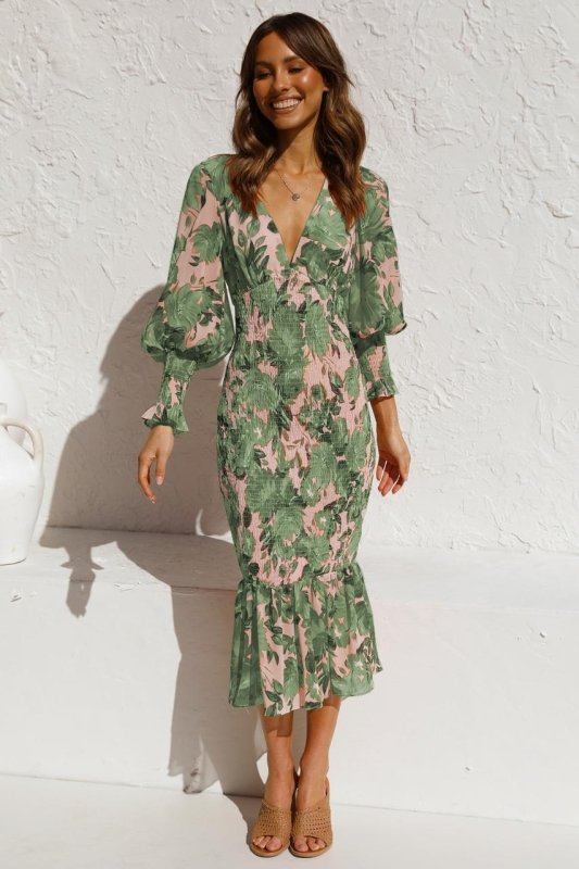 Women's Elegant Floral Midi Dress – Long Sleeve, Elastic Waist, S - 2XL - Premium Dresses for sale