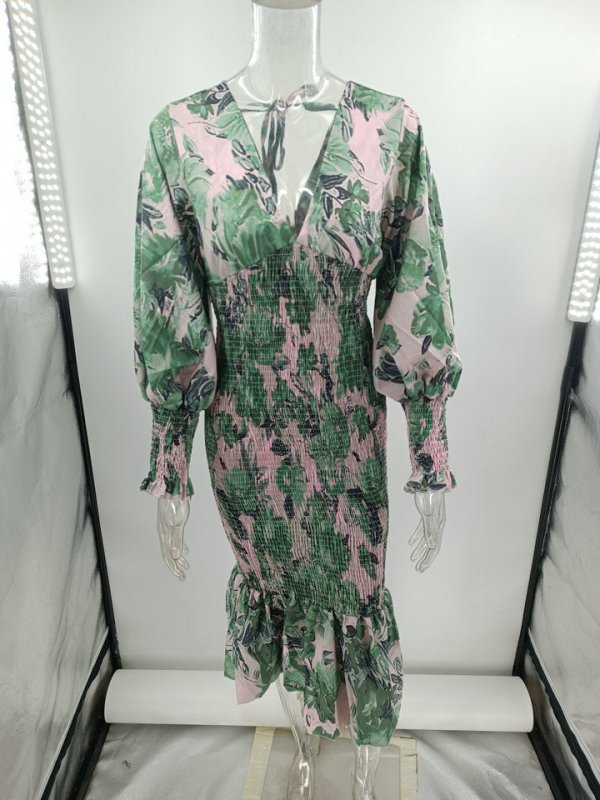 Women's Elegant Floral Midi Dress – Long Sleeve, Elastic Waist, S - 2XL - Premium Dresses for sale