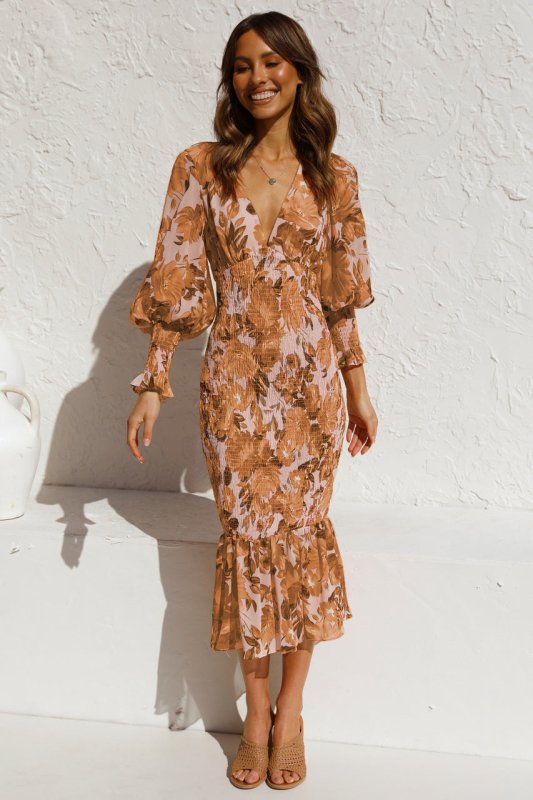 Women's Elegant Floral Midi Dress – Long Sleeve, Elastic Waist, S - 2XL - Premium Dresses for sale
