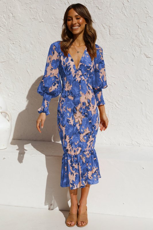 Women's Elegant Floral Midi Dress – Long Sleeve, Elastic Waist, S - 2XL - Premium Dresses for sale