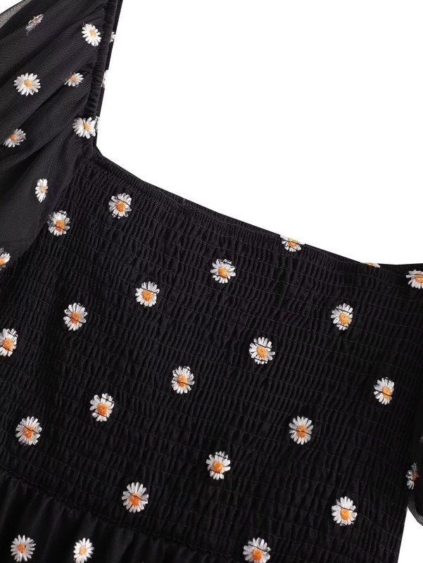 Women's Elegant Puff Sleeve Midi Dress – Smocked, Floral, Daily Chic - Premium Dresses for sale