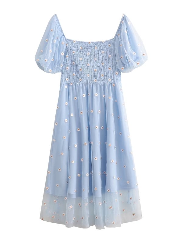 Women's Elegant Puff Sleeve Midi Dress – Smocked, Floral, Daily Chic - Premium Dresses for sale