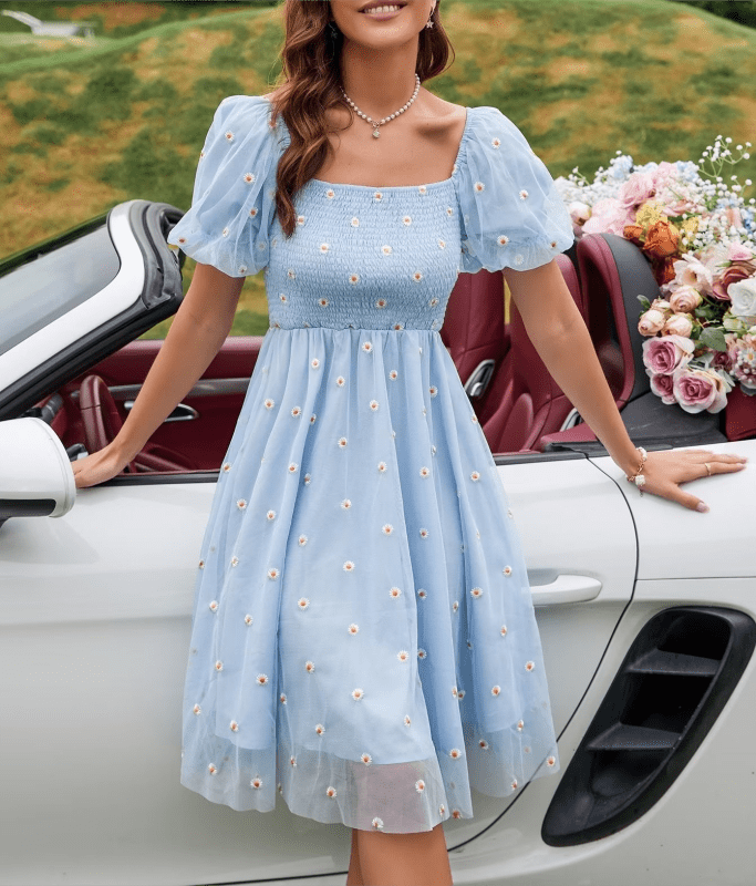 Women's Elegant Puff Sleeve Midi Dress – Smocked, Floral, Daily Chic - Premium Dresses for sale