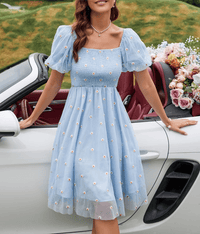 Women's Elegant Puff Sleeve Midi Dress – Smocked, Floral, Daily Chic - Premium Dresses for sale