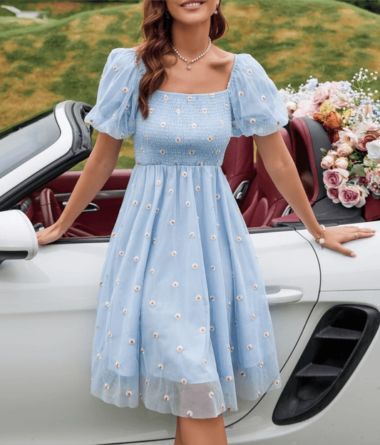 Women's Elegant Puff Sleeve Midi Dress – Smocked, Floral, Daily Chic - Premium Dresses for sale