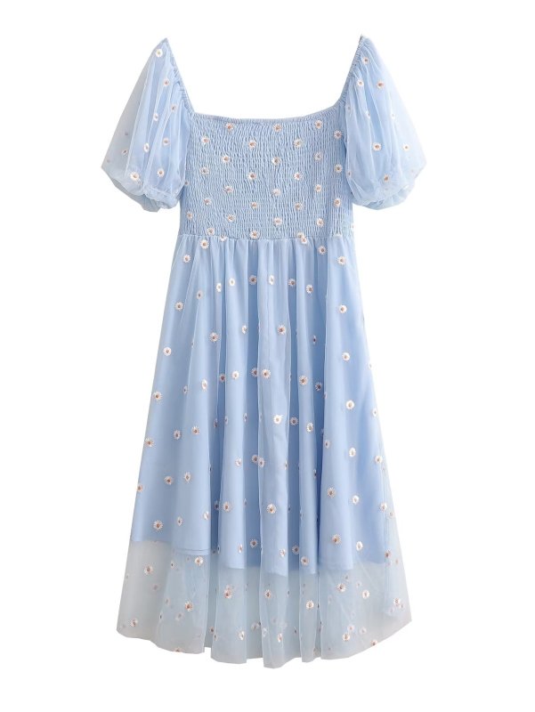Women's Elegant Puff Sleeve Midi Dress – Smocked, Floral, Daily Chic - Premium Dresses for sale