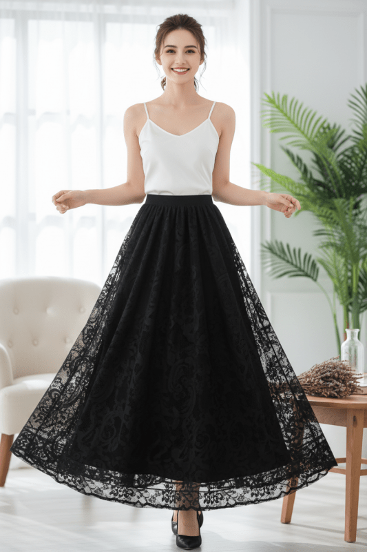 Women's Black Lace Maxi Skirt Lifestyle