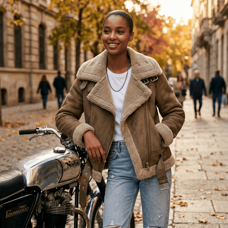 Women's Faux Shearling Motorcycle Jacket lifestyle - Madragora
