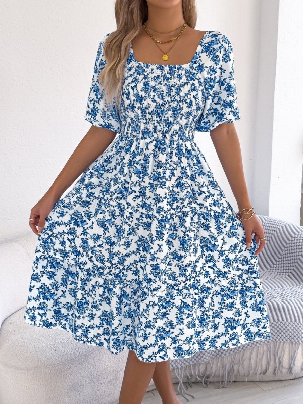 Women's Floral Smocked Swing Dress – Puff Sleeve, Square Neck, 3 Colors - Premium Dresses for sale