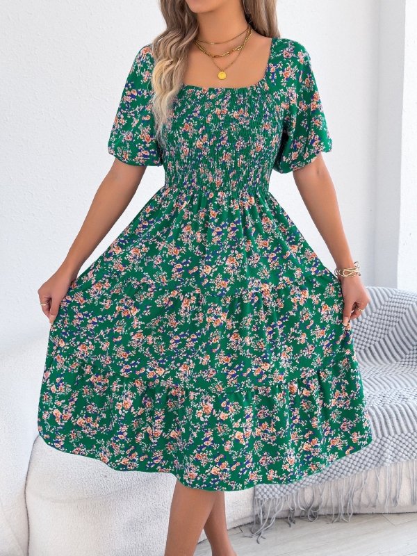 Women's Floral Smocked Swing Dress – Puff Sleeve, Square Neck, 3 Colors - Premium Dresses for sale