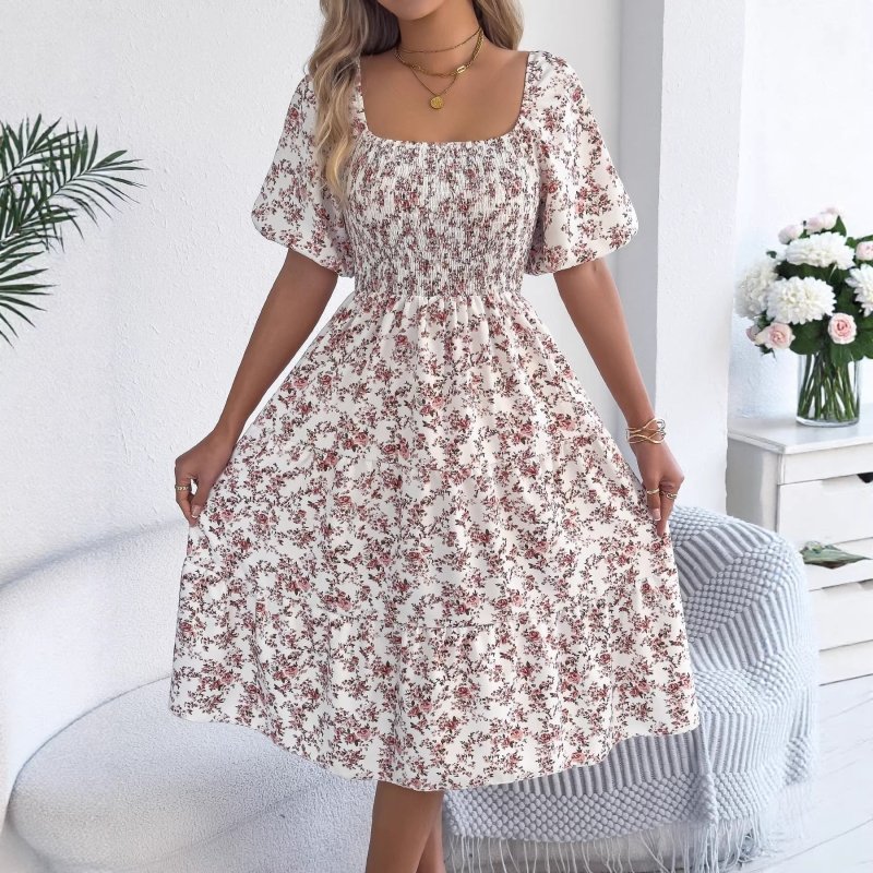 Women's Floral Smocked Swing Dress – Puff Sleeve, Square Neck, 3 Colors - Premium Dresses for sale
