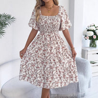 Women's Floral Smocked Swing Dress – Puff Sleeve, Square Neck, 3 Colors - Premium Dresses for sale
