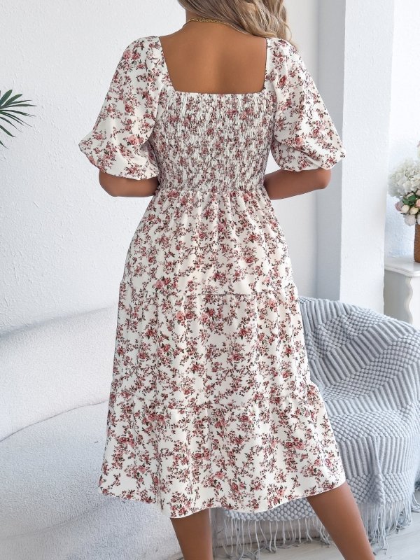 Women's Floral Smocked Swing Dress – Puff Sleeve, Square Neck, 3 Colors - Premium Dresses for sale