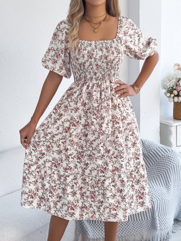 Women's Floral Smocked Swing Dress – Puff Sleeve, Square Neck, 3 Colors - Premium Dresses for sale