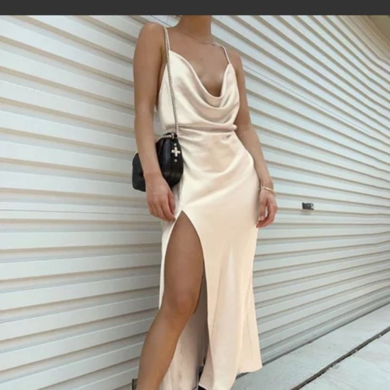 Women's Glossy Satin Slip Dress – Cami Strap Apricot - Premium Activewear for sale
