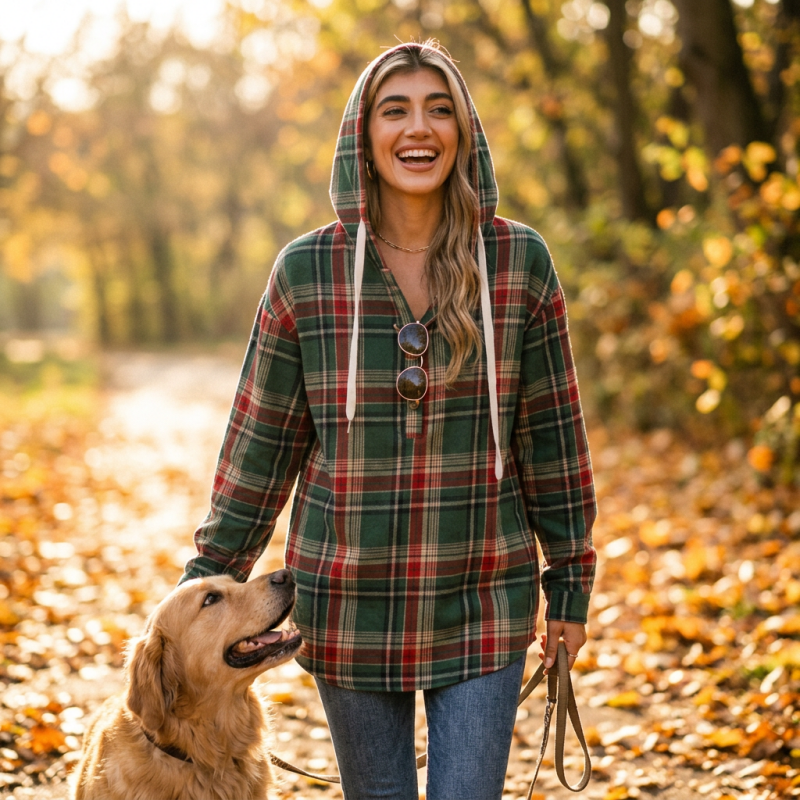 Women's Hooded Plaid Coat lifestyle - Madragora