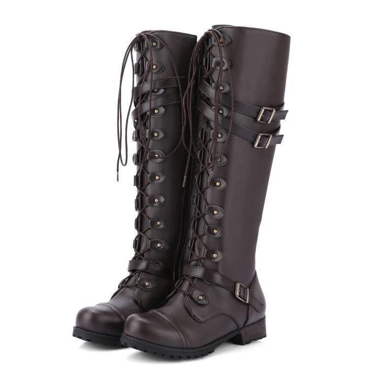 Women's Leather Tall Knight Boots with Buckle Detail - Premium Boots for sale