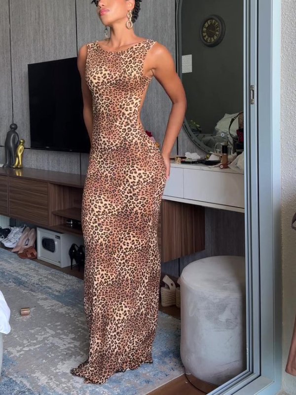 Women's Leopard Print Backless Maxi Dress – Alluring Regular Fit Sundress - Premium Activewear for sale
