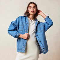 Women's Long Denim Jacket – Loose Fit Side Slit Casual Jean Coat - Premium for sale