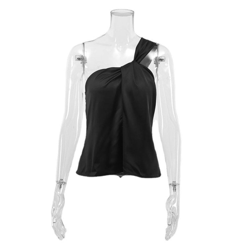 Women's One Shoulder Satin Tank Top – Sexy Klein Blue Sleeveless Vest - Premium for sale