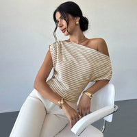 Women's One Shoulder Striped Knit Crop Top – Asymmetric Short Sleeve Summer Top - Premium for sale