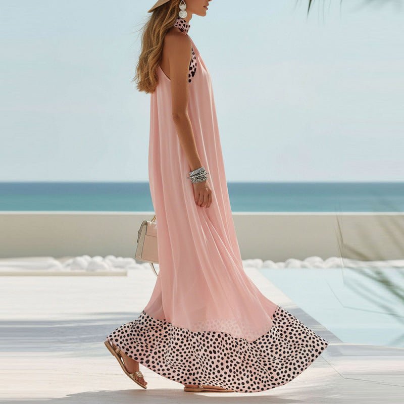 Women's Pink Polka Dot Sleeveless Halter Maxi Dress – Casual Sundress - Premium Activewear for sale