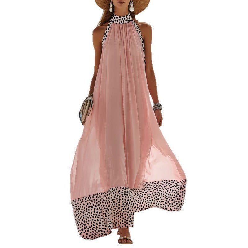 Women's Pink Polka Dot Sleeveless Halter Maxi Dress – Casual Sundress - Premium Activewear for sale