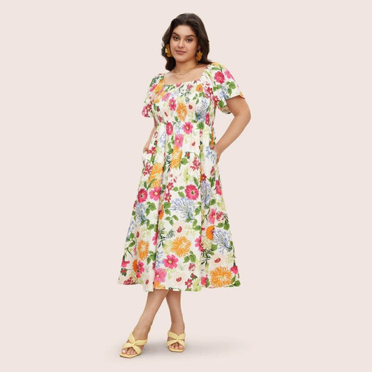 Women's Plus Size Floral Smocked Maxi Dress – Square Neck, Butterfly Sleeve, 1XL - 4XL - Premium Dresses for sale