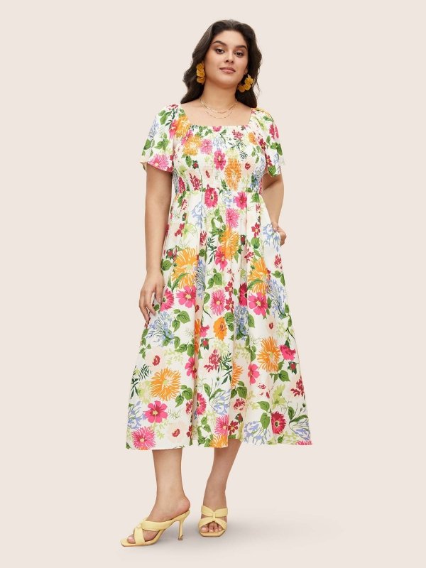 Women's Plus Size Floral Smocked Maxi Dress – Square Neck, Butterfly Sleeve, 1XL - 4XL - Premium Dresses for sale