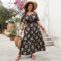 Women's Plus Size Floral Smocked Maxi Dress – Square Neck, Butterfly Sleeve, XL - 4XL - Premium Dresses for sale