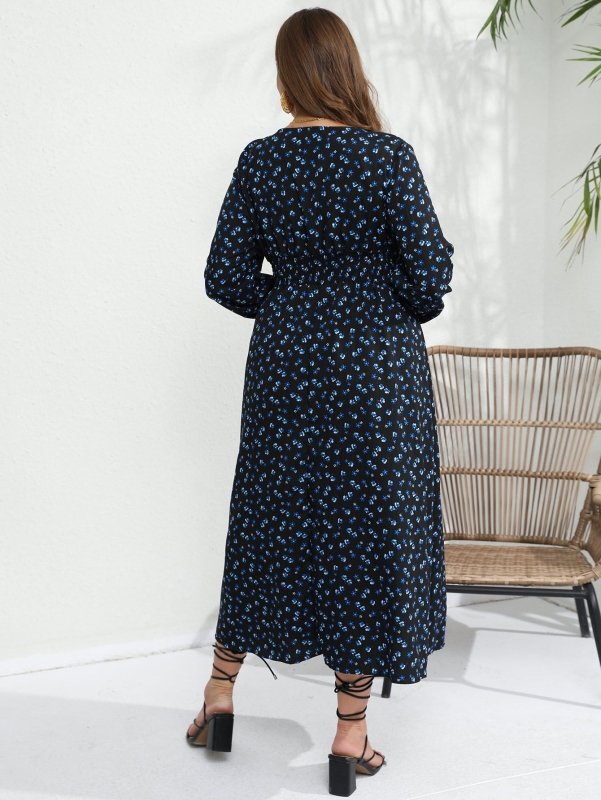 Women's Plus Size Floral Smocked Midi Dress – V - Neck, Long Sleeve, XL - 5XL - Premium Dresses for sale