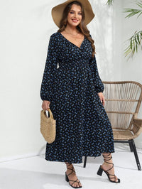 Women's Plus Size Floral Smocked Midi Dress – V - Neck, Long Sleeve, XL - 5XL - Premium Dresses for sale