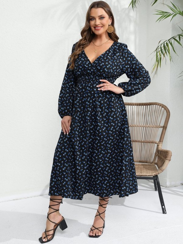 Women's Plus Size Floral Smocked Midi Dress – V - Neck, Long Sleeve, XL - 5XL - Premium Dresses for sale