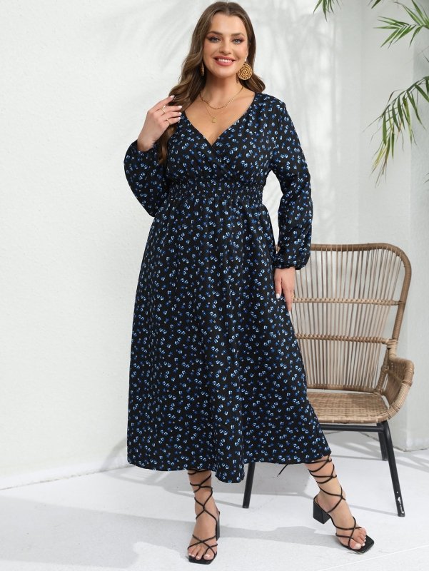 Women's Plus Size Floral Smocked Midi Dress – V - Neck, Long Sleeve, XL - 5XL - Premium Dresses for sale