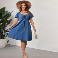 Women's Plus Size Puff Sleeve Smocked Denim Dress – 1XL - 5XL - Premium Dresses for sale