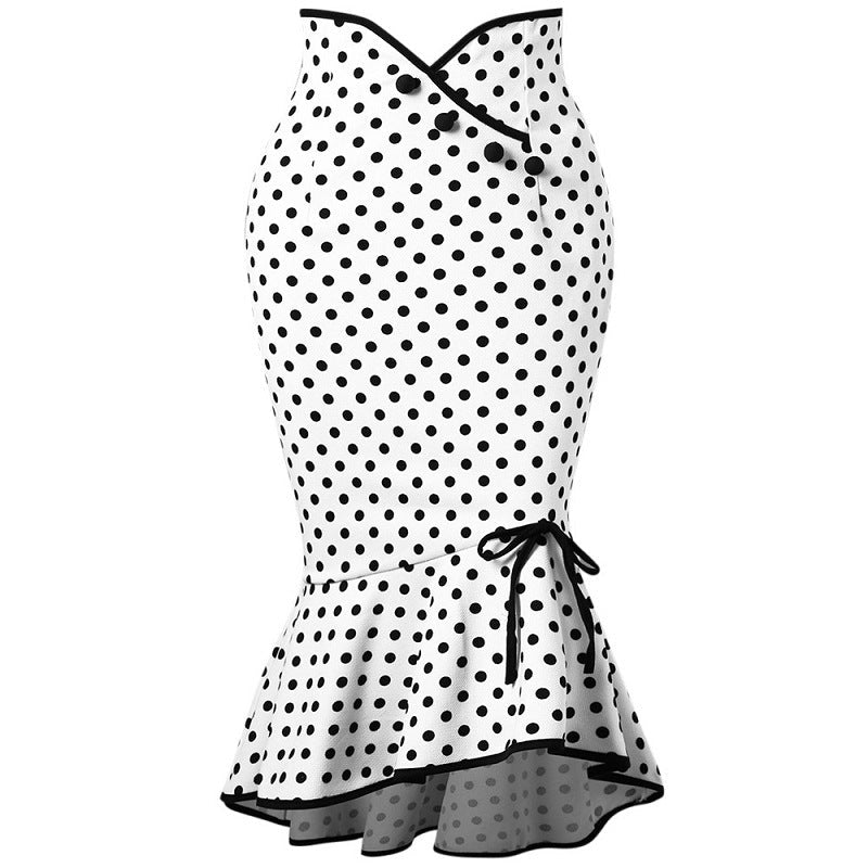 Women's Polka Dot Fishtail Skirt – Slim Fit with Ruffle Detail - Premium Activewear for sale