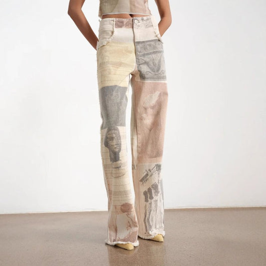 Women's Printed Wide Leg Denim Trousers – Retro Loose High Rise Jean Pants - Premium for sale