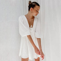 Women's Puff Sleeve V - Neck Cotton Linen Mini Dress – French Elegant A - Line - Premium for sale