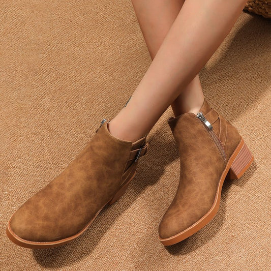 Women's Round-Toe Chunky Heel Ankle Boots - Premium Boots for sale