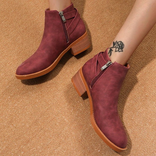 Women's Round-Toe Chunky Heel Ankle Boots - Premium Boots for sale