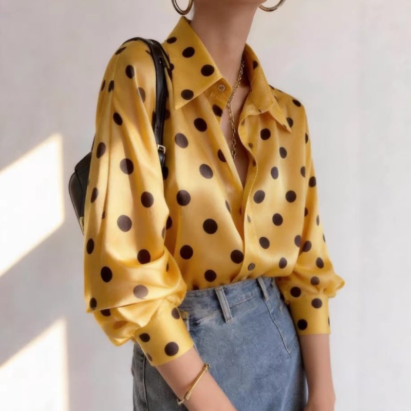Women's Satin Polka Dot Shirt – Long Sleeve Cardigan Style - Premium Activewear for sale