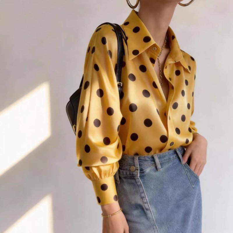 Women's Satin Polka Dot Shirt – Long Sleeve Cardigan Style - Premium Activewear for sale